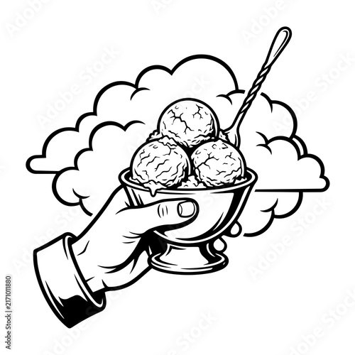 Black and white vector illustration of a hand holding an ice cream sundae