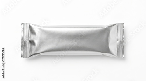 Blank silver snack bar wrapper isolated on white background