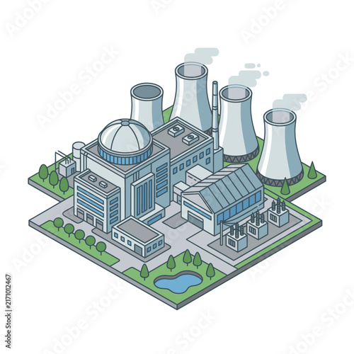 Modern Isometric of a Nuclear Power Plant with Cooling Towers Buildings and Surrounding Green Area