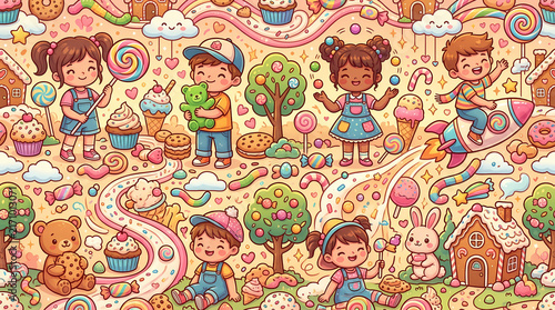 Colorful Candy Land Illustration with Happy Children and Sweets on Transparent Background Isolated on White