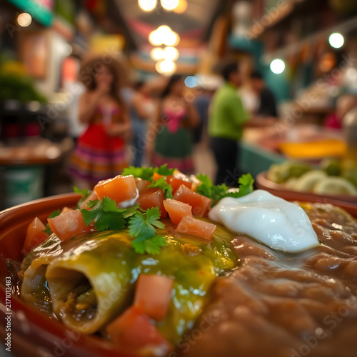 Close-Up of Flavorful Enchiladas Verdes with Fresh Cilantro and Tomatoes Alongside Creamy Refried Beans