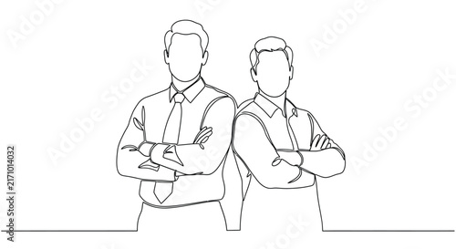 Two Businessmen Standing With Arms Crossed Continuous Line Drawing Silhouette