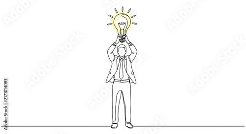 Man holding light bulb above head continuous line drawing silhouette