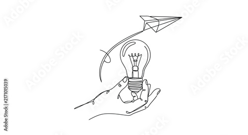 Hand holding light bulb and paper airplane continuous line silhouette