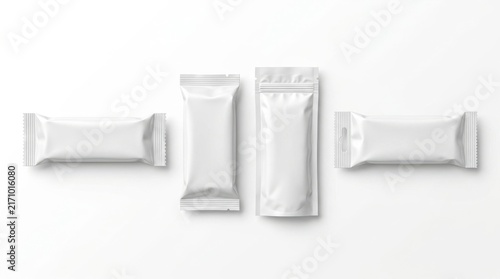Four white blank food snack bar wrappers