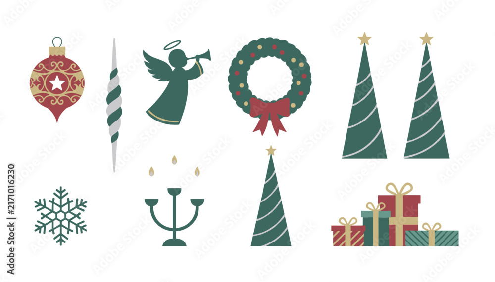 Fototapeta premium Assortment of classic christmas ornaments including a wreath and gift boxes provides festive elements for holiday designs.
