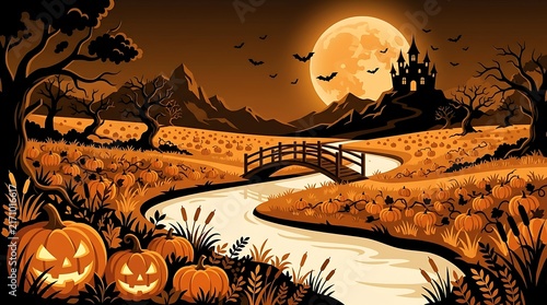 A spooky halloween landscape featuring glowing jack o lanterns beside a flowing river with a haunted castle under a full moon