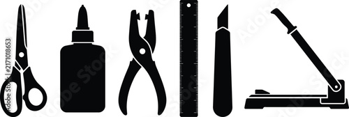 Foto Stationery and craft tools silhouettes including scissors glue puncher ruler cut