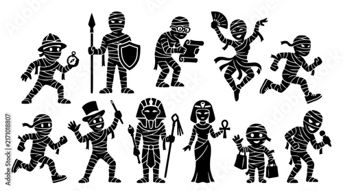 Bild auf Leinwand Ancient Egypt Halloween Mummy Characters Explorer King Queen Cartoon Vector Coll