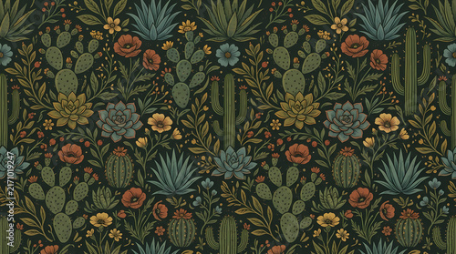 Vintage Hand Drawn Desert Plants Cactus and Succulent Pattern on Transparent Background Isolated on White