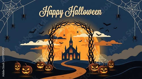 A spooky halloween background featuring a haunted house silhouette under a giant full moon with glowing jack o lanterns nearby