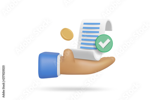 3D cartoon businessman’s hand holding a paper bill receipt with a gold coin and green checkmark icon, representing invoice transaction confirmation and payment approval, isolated on transparent backgr
