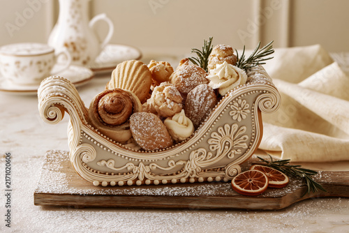 Gingerbread sleigh with cookies pastries and cream puffs for festive Christmas holiday dessert display.