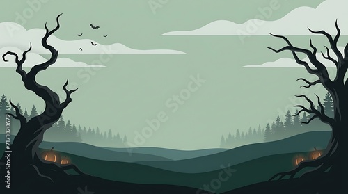 A spooky halloween background featuring twisted bare trees and a misty forest landscape perfect for seasonal holiday horror themed designs