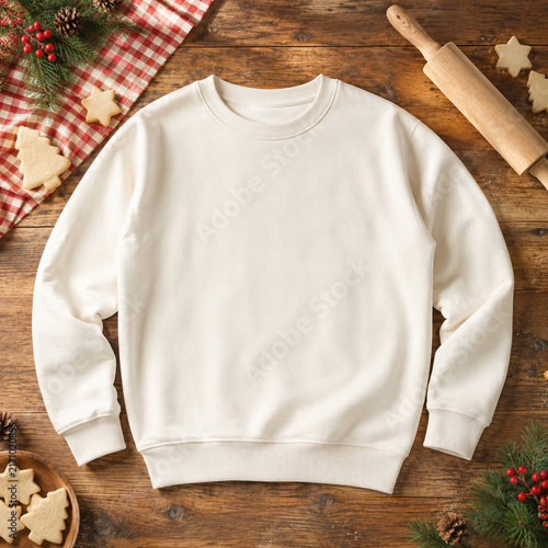 Cozy white sweatshirt on wooden table with festive decorations, perfect for winter gatherings and holiday celebrations.