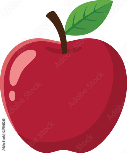 Simple Flat Red Apple Fruit Vector Illustration with Green Leaf Isolated on White Background for Educational Icons and Children Book Graphic Designs
