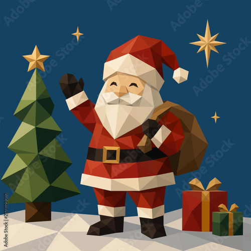 A cheerful low poly Santa Claus waving while carrying a big sack of Christmas gifts. A festive geometric design combining classic holiday charm with a modern polygon art style.