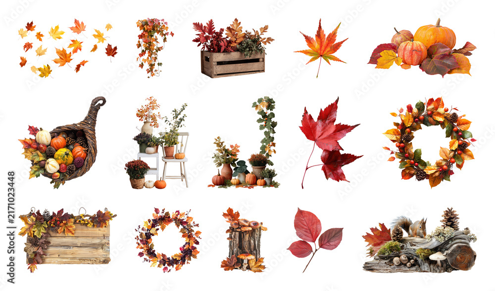 Obraz premium PNG Autumn decorations with leaves, pumpkins, and wreaths, transparent background