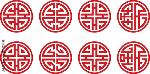 Traditional Red Chinese Shou Symbol Vector Icon Set for New Year Longevity Prosperity and Good Fortune Asian Festive Graphic Designs