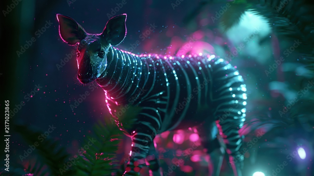Fototapeta premium Neon glowing striped okapi standing in jungle
