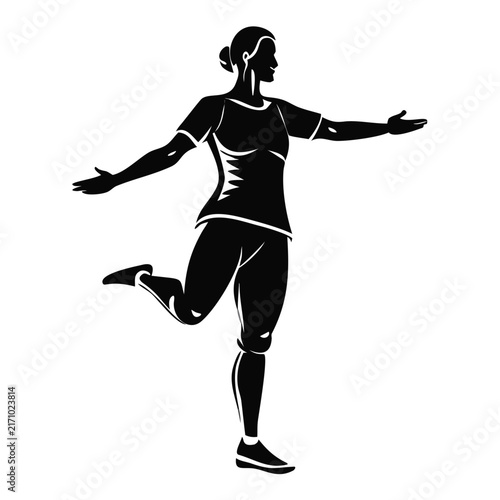 Athletic person balancing on one foot with open arms in black and white vector silhouette style for fitness blogs, yoga websites, and wellness apps