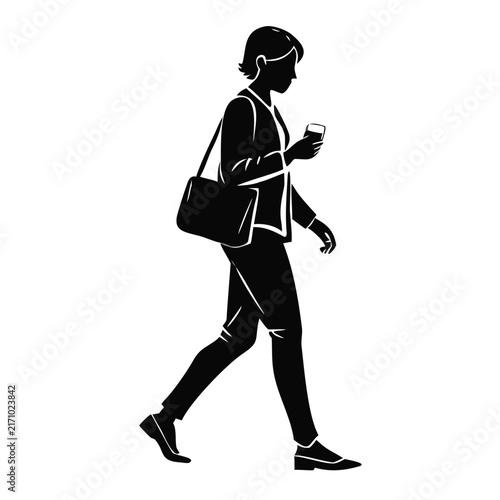 Black silhouette woman walking holding coffee cup as urban pedestrian in city street for daily commute graphic, city lifestyle blogs, morning coffee walk articles, and websites