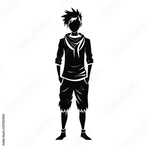 Person with short spiky hair hands in pockets standing vector silhouette icon for youth culture blogs character design and lifestyle websites