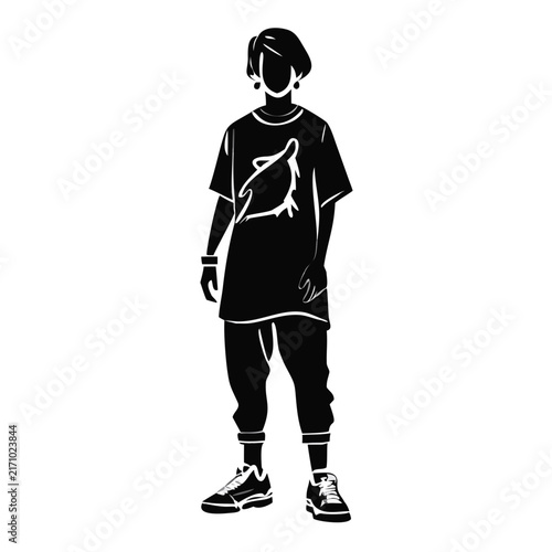 Person in graphic tee oversized streetwear and sneakers vector silhouette icon for urban fashion blogs youth culture websites and apparel design