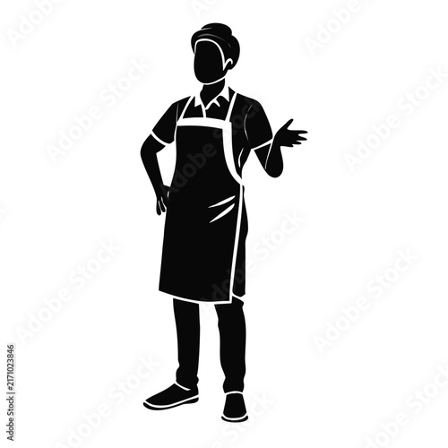 Person wearing chef apron gesturing presenting welcome concept vector silhouette icon for restaurant menus cooking blogs and culinary websites