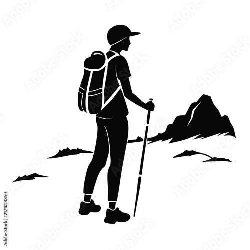 Hiker standing with backpack and trekking pole looking at mountain peak vector silhouette for outdoor adventure travel blogs and fitness websites