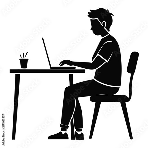 Silhouette of freelancer working on laptop at desk for business blogs, coworking space websites, remote work articles, and education