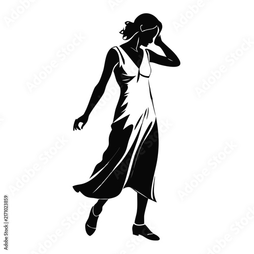 Silhouette of elegant woman wearing flowy dress posing for fashion blogs, beauty websites, apparel design, and lifestyle branding