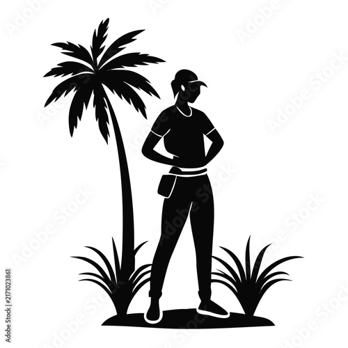 Silhouette of traveler standing near palm tree in tropical garden for summer vacation blogs, travel websites, and resort branding