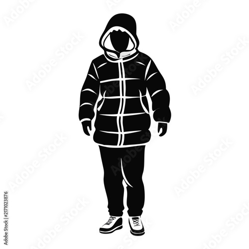 Person in puffy winter jacket wearing hood standing full body silhouette vector for outdoor apparel websites, cold weather survival blogs, winter fashion guides, and travel materials