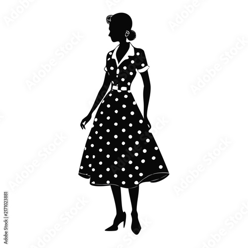 Woman wearing vintage polka dot dress standing full body silhouette vector for retro fashion blogs, 1950s style websites, dressmaking articles, and lifestyle design projects