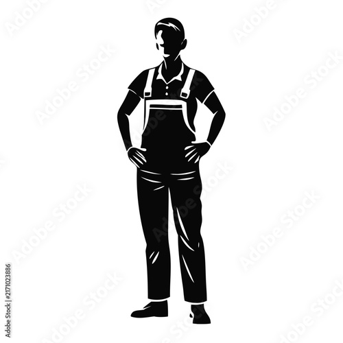 Worker wearing overalls standing with hands on hips full body silhouette vector for occupational safety posters, trade websites, construction logos, and career guidance materials