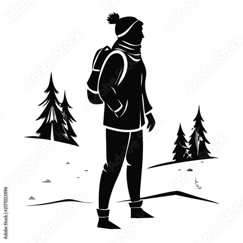 Hiker in warm winter clothing standing in pine forest vector illustration for winter travel blogs outdoor adventure websites and nature hiking content