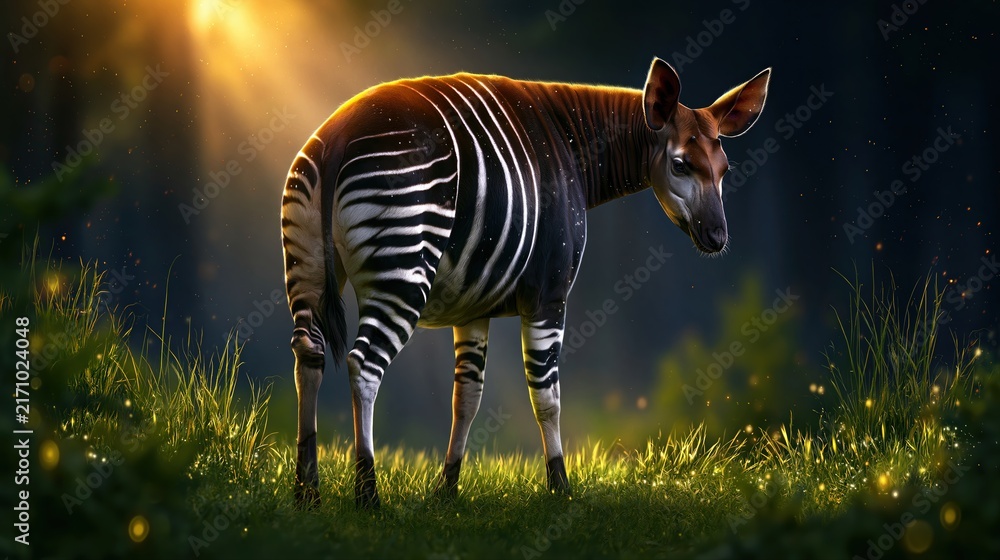 Fototapeta premium Zebra-striped okapi stands amidst tall green grass in forest setting