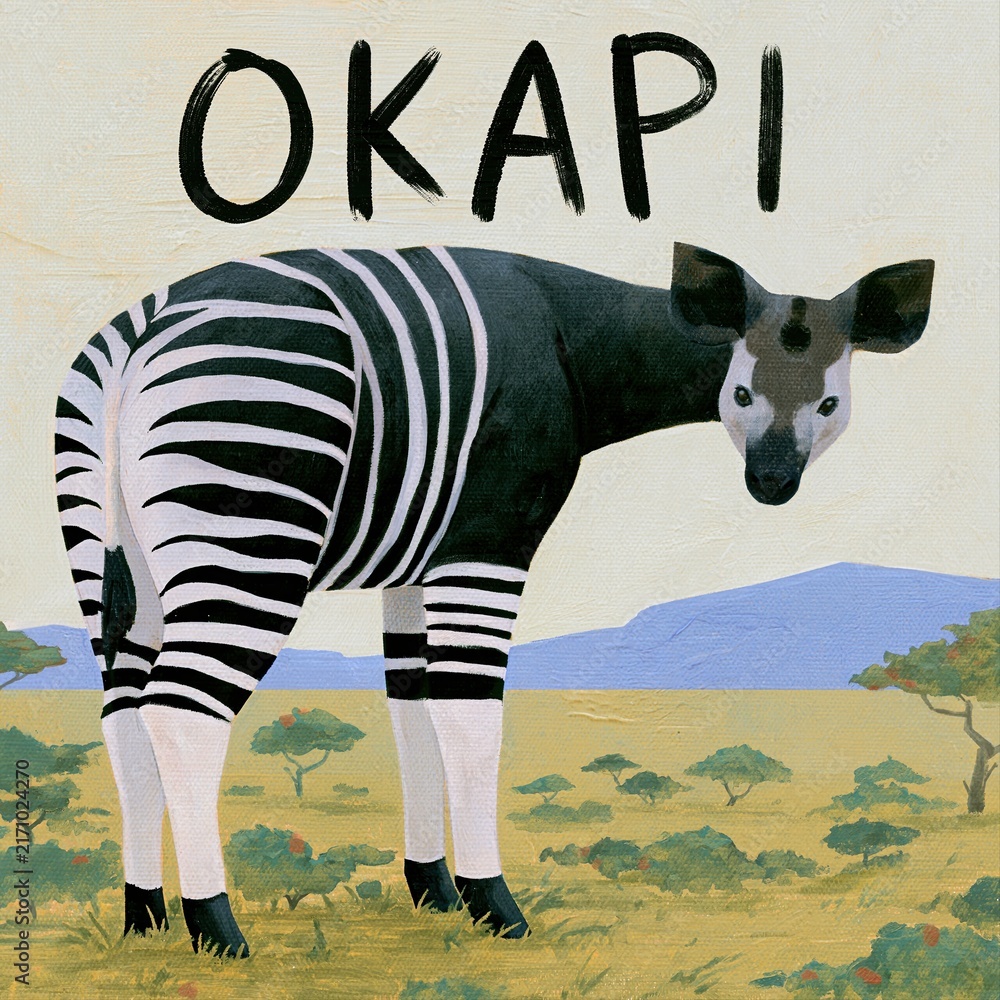 Naklejka premium Okapi animal with zebra stripes standing in the wild