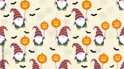 Seamless halloween pattern with cute gnomes pumpkins and flying bats
