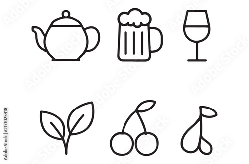 Line art icons of teapot beer wine leaves cherries on white background