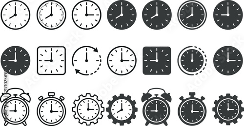 Clock and Watch Silhouette Vector Icon Set Featuring Alarm Clocks Stopwatches and Gears Isolated on White Background for Time Management App Designs