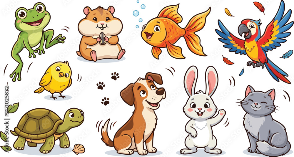 Naklejka premium Cute Cartoon Domestic Pet and Small Animal Character Collection Including Dog Cat Bunny Parrot Hamster and Turtle Vector Illustration Pack
