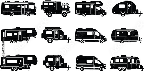 RV Camper Silhouette Icon Set featuring Motorhome Travel Trailer Campervan and Overland Vehicle Collection