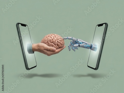 human brain and robot hand interaction, digital technology concept
