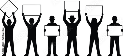 Protesters Holding Blank Placards Silhouette Icon Set featuring Demonstration Activism and Message Banner Collection