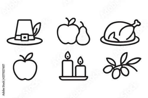 thanksgiving icons set line art style on white background