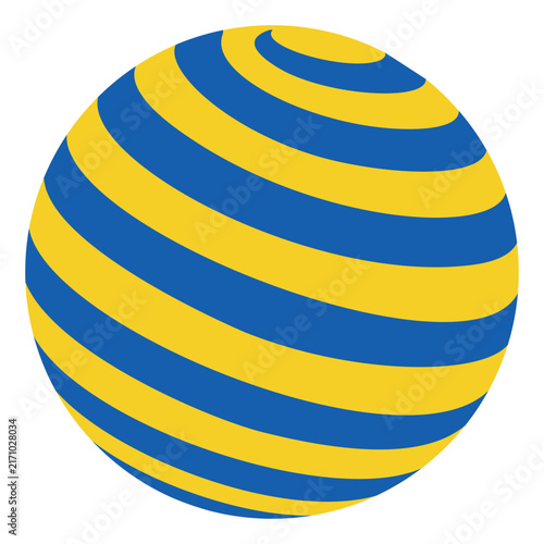 Dynamic spherical rotation with alternating blue yellow curved spiral bands