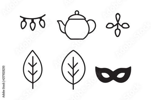 Line drawing icons of tea set leaves and masquerade mask