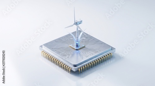 Innovative green technology concept showing a miniature wind turbine growing from a computer microchip, isolated on white background for clean energy and tech presentations.